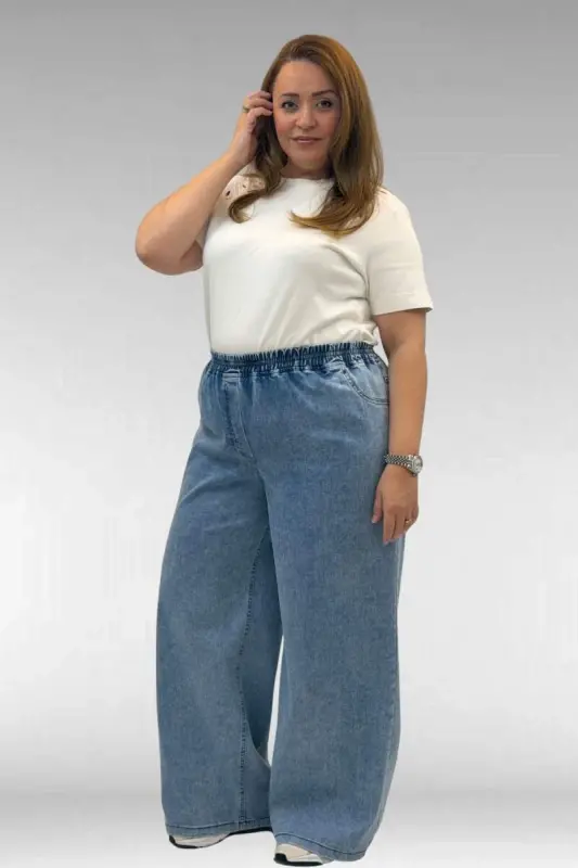 69003 Büyük Beden Beli Lastikli Bolpaça Kot Pantolon - Mavi - BÜYÜKBEDENIZ