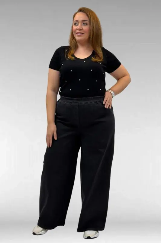69003 Büyük Beden Beli Lastikli Bolpaça Kot Pantolon - Siyah - BÜYÜKBEDENIZ