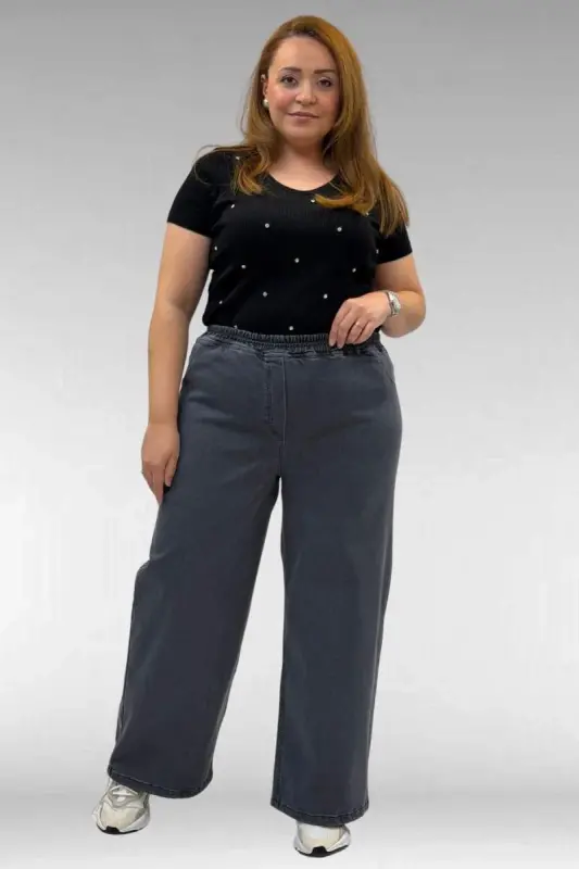 69003 Plus Size Elastic Waist Wide Leg Jeans - Dark Gray - 1
