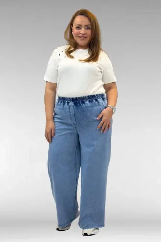 69003 Plus Size Elastic Waist Wide Leg Jeans - Light Blue - 1