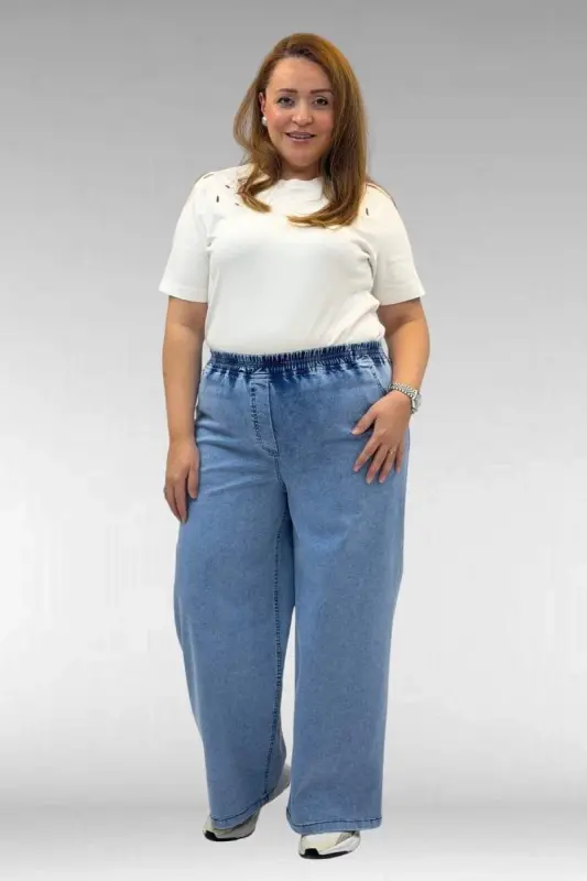 69003 Plus Size Elastic Waist Wide Leg Jeans - Light Blue - 1