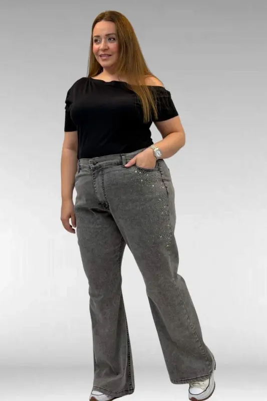 69004 Plus Size Flared Jeans with Rhinestone Sides - Anthracite - BÜYÜKBEDENIZ