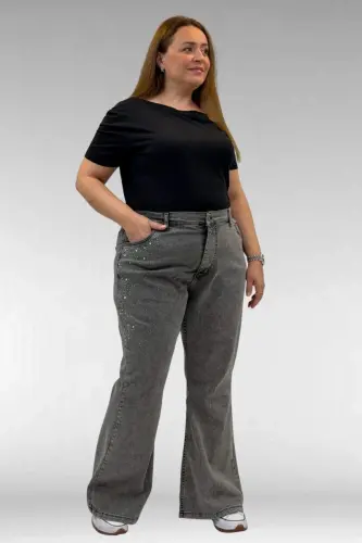 69004 Plus Size Flared Jeans with Rhinestone Sides - Anthracite - BÜYÜKBEDENIZ (1)