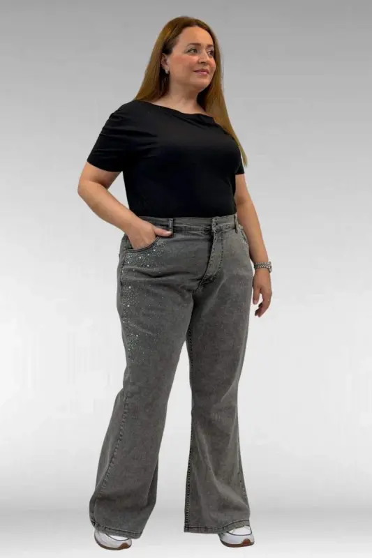 69004 Plus Size Flared Jeans with Rhinestone Sides - Anthracite - 2