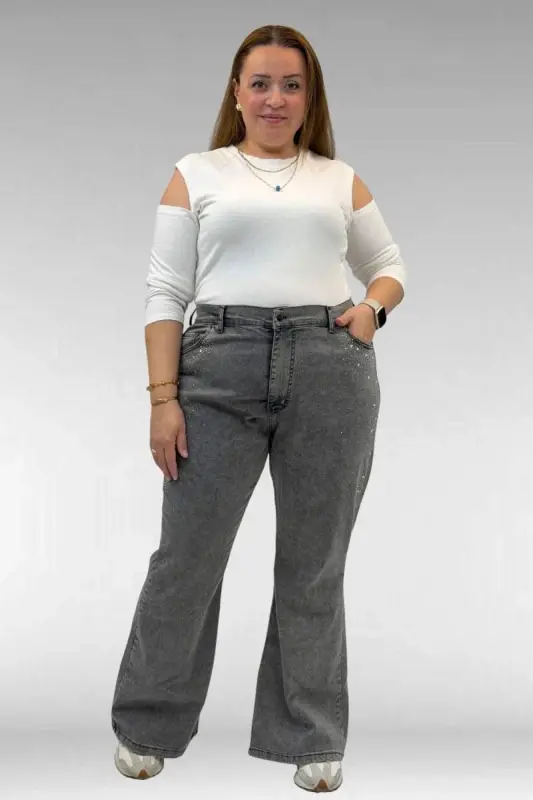 69004 Plus Size Flared Jeans with Rhinestone Sides - Black - BÜYÜKBEDENIZ