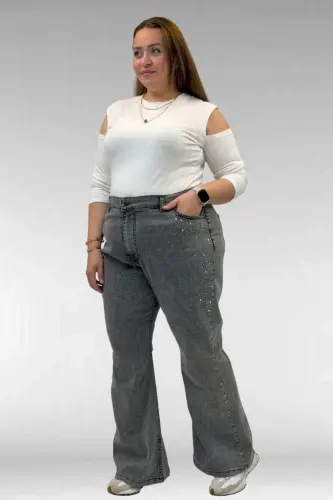 69004 Plus Size Flared Jeans with Rhinestone Sides - Black - BÜYÜKBEDENIZ (1)