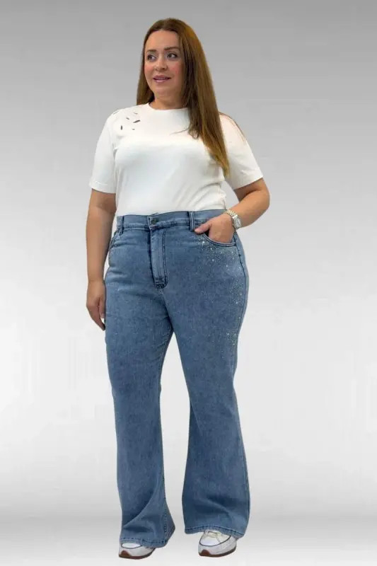 69004 Plus Size Flared Jeans with Rhinestone Sides - Blue - BÜYÜKBEDENIZ