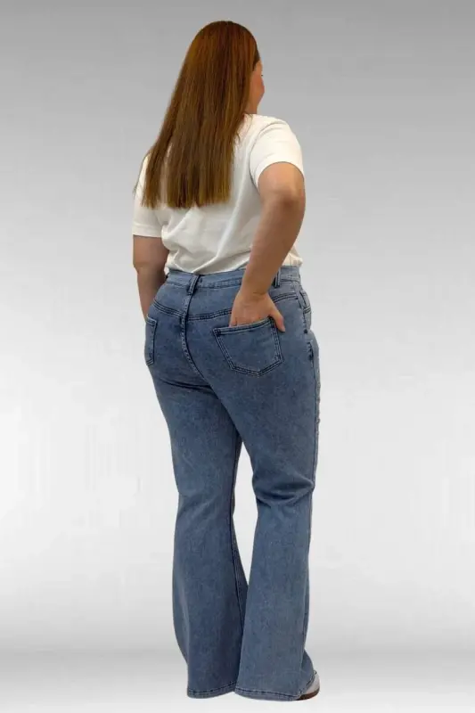 69004 Plus Size Flared Jeans with Rhinestone Sides - Blue - 3