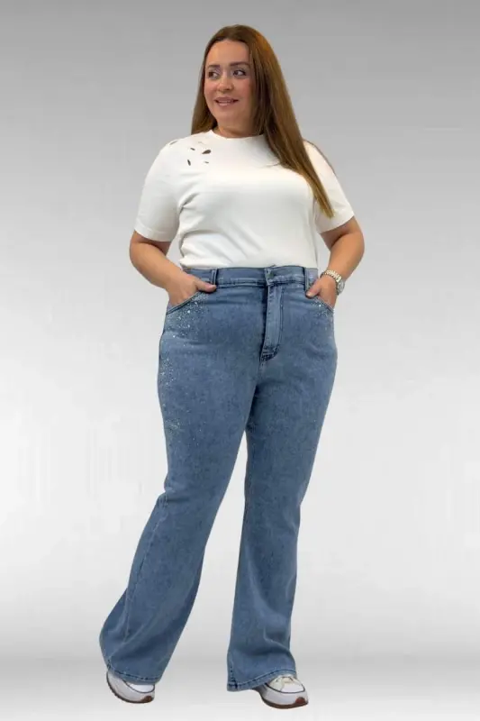 69004 Plus Size Flared Jeans with Rhinestone Sides - Blue - 2
