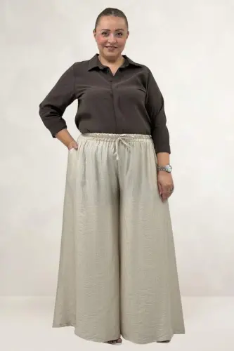 69009 Plus Size Elastic Waist Double Tencel Skirt Pants - Beige - 1