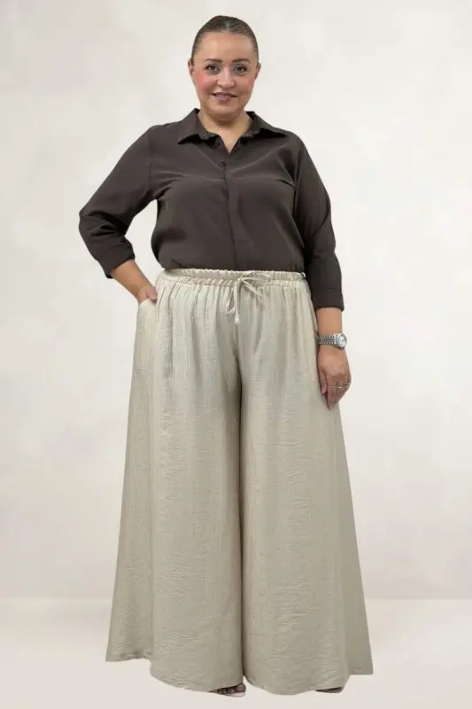 69009 Plus Size Elastic Waist Double Tencel Skirt Pants - Beige - 1