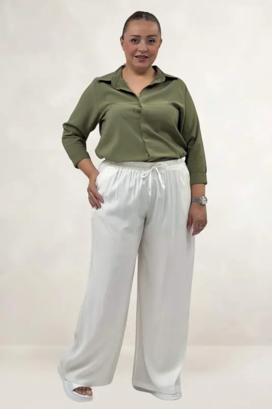 69011 Plus Size Pocketed Elastic Waist Wide Leg Cupro Trousers - Ecru - 2