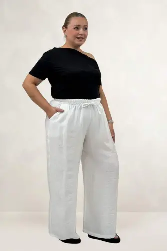 69012 Büyük Beden Beli Lastikli Cepli Bol Paça Double Tensel Pantolon - Ekru - BÜYÜKBEDENIZ (1)