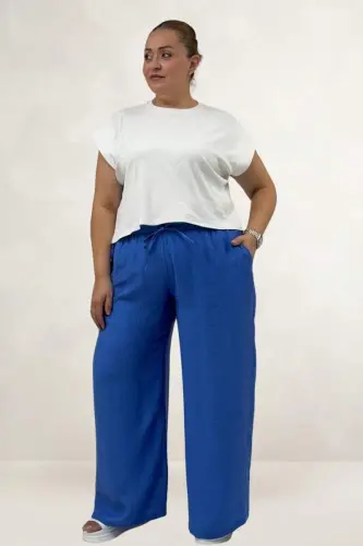 69012 Büyük Beden Beli Lastikli Cepli Bol Paça Double Tensel Pantolon - İndigo - 1