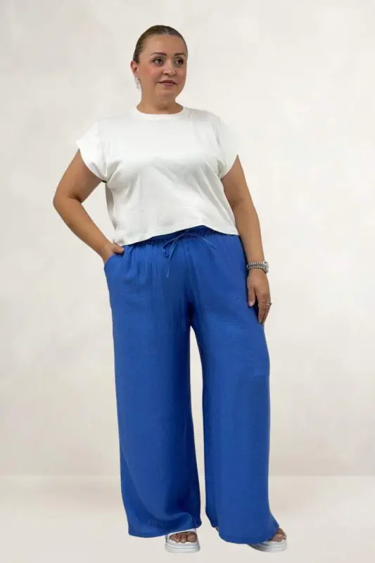 69012 Büyük Beden Beli Lastikli Cepli Bol Paça Double Tensel Pantolon - İndigo - 2