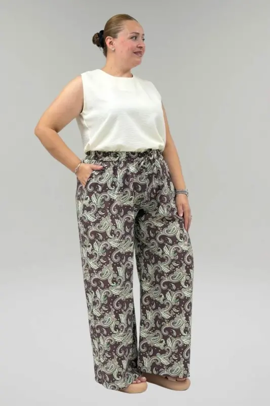 69013 Plus Size Elastic Waist Pocket Wide Leg Modazone Trousers - Ethnic Pattern Brown - 2