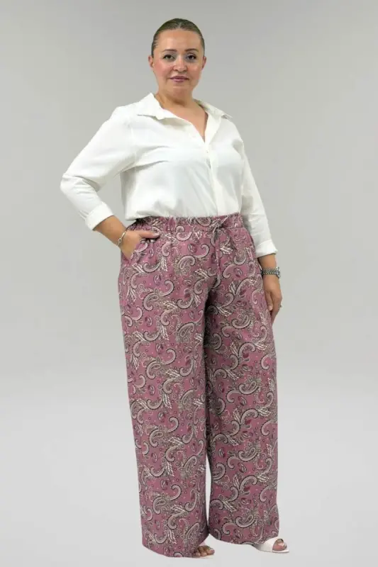 69013 Plus Size Elastic Waist Pocket Wide Leg Modazone Trousers - Ethnic Pattern Powder - 2