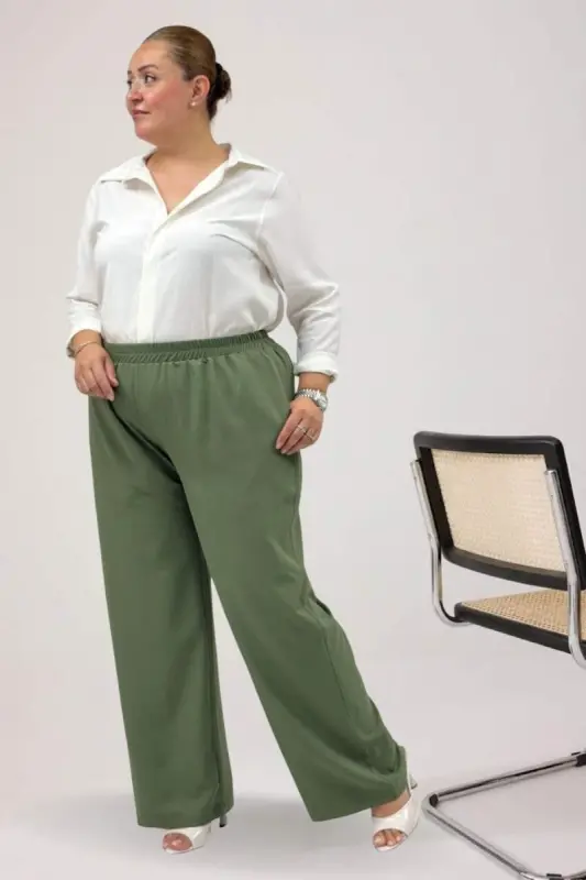 69015 Plus Size Wide-Leg Elastic Waist Nora Pants - Khaki - 1