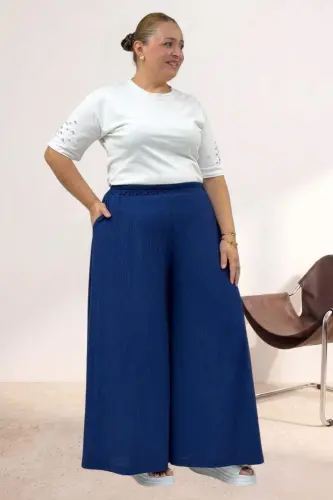 69019 Büyük Beden Bol Paça Cepli Bürümcük Pantolon - Lacivert - BÜYÜKBEDENIZ (1)