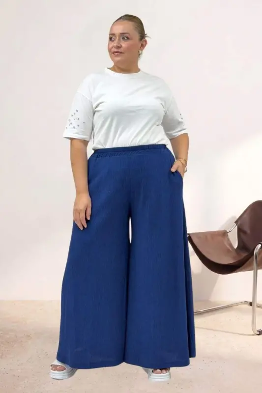 69019 Büyük Beden Bol Paça Cepli Bürümcük Pantolon - Lacivert - 1