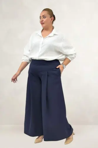 69020 Büyük Beden Beli Lastikli Double Etek Pantolon - Lacivert - 1