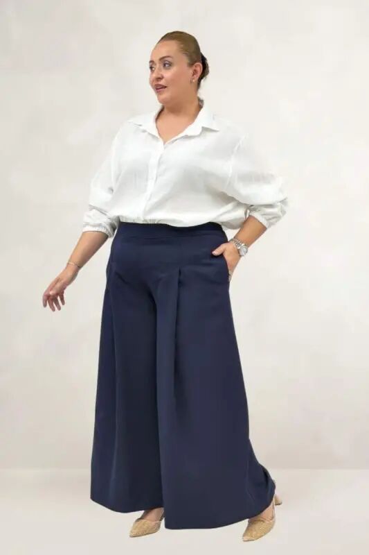 69020 Büyük Beden Beli Lastikli Double Etek Pantolon - Lacivert - BÜYÜKBEDENIZ