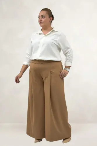 69020 Büyük Beden Beli Lastikli Double Etek Pantolon - Taba - 1