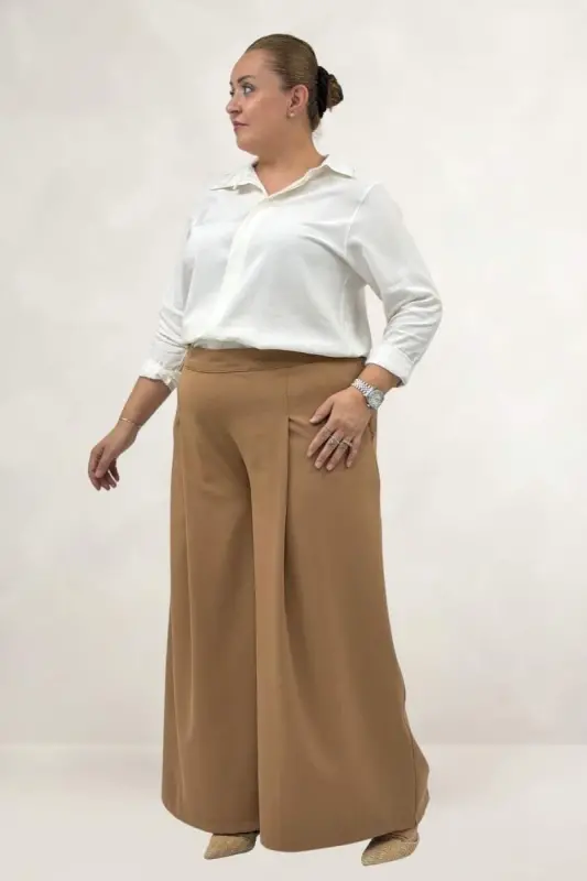 69020 Büyük Beden Beli Lastikli Double Etek Pantolon - Taba - 2