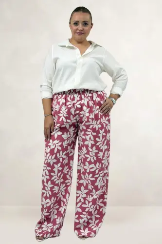 69023 Büyük Beden Beli Lastikli Desenli Mango Pantolon - Yaprak Desen Pembe - 1