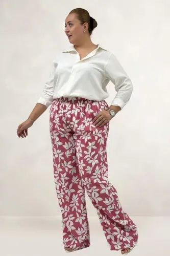 69023 Büyük Beden Beli Lastikli Desenli Mango Pantolon - Yaprak Desen Pembe - 2