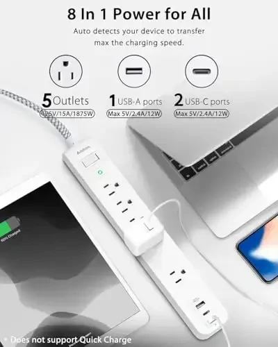 6Ft Power Strip Surge Protector, Flat Extension Cord - Outlet Extender with 2 USB C 5 Wildely AC Outlets, Flat Plug, Desktop Charging Station for College Dorm Room Essentials, White - 2