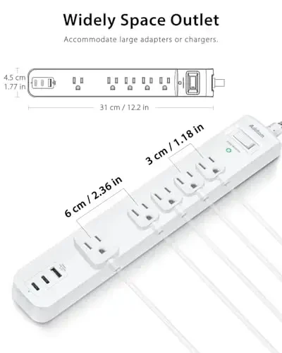 6Ft Power Strip Surge Protector, Flat Extension Cord - Outlet Extender with 2 USB C 5 Wildely AC Outlets, Flat Plug, Desktop Charging Station for College Dorm Room Essentials, White - 3