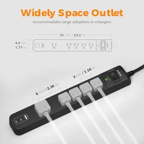 6Ft Power Strip Surge Protector - Addtam Extension Cord with 5 AC Outlets 3 USB Ports(2 USB C), 1875W/15A, Flat Plug, Outlet Extender for Home Office Supplies College Dorm Room Essentials,ETL Listed - 5