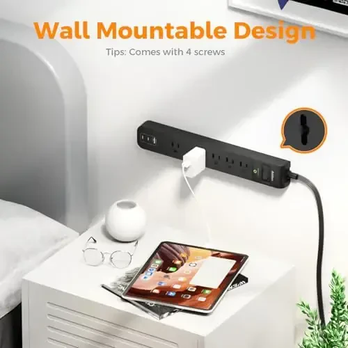 6Ft Quvvat chizig'i kuchlanishdan himoya qiluvchi - Addtam uzaytirish kabeli 5 AC rozetkasi 3 USB porti (2 USB C), 1875W/15A, tekis vilka, uy ofis buyumlari kolleji yotoqxonasi uchun rozetka kengaytirgichi, ETL ro'yxatga olingan - 4