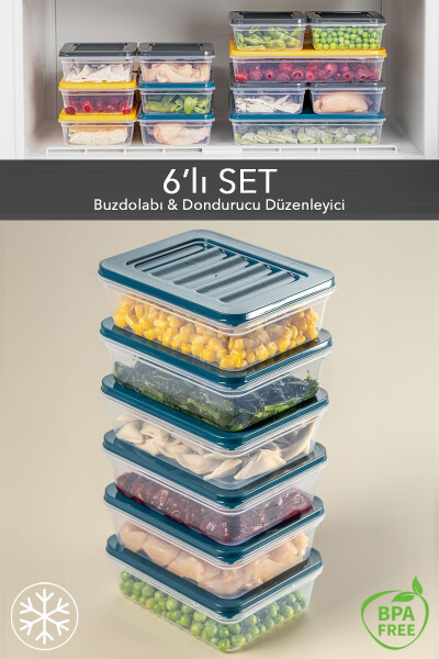 6'lı Buzdolabı Organizer Mikrodalga Ve Dondurucuya Uygun Saklama Kabı Petrol 6 X 600 ml - 1