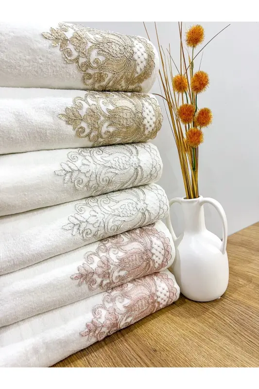 6 LI Fransız Güpürlü Çeyizlik 50x90 Kadife El ve Yüz Havlusu - AYHANHOME