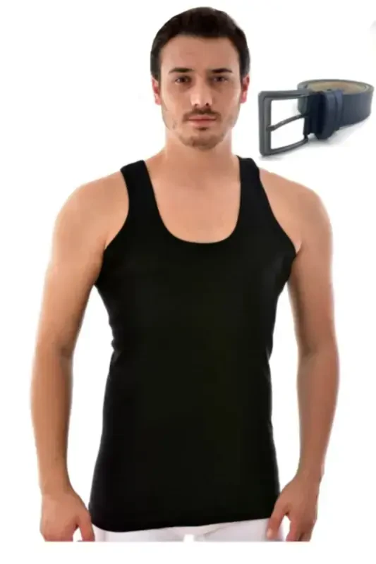 6'li Klasik Askılı Erkek Atlet Siyah Askılı Atleti & Lacivert Kemer-siyah - TUTKU