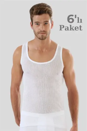 6'lı Paket Beyaz Erkek Fileli Atlet %100 Pamuklu Delikli Yazlık Erkek Atlet - 3