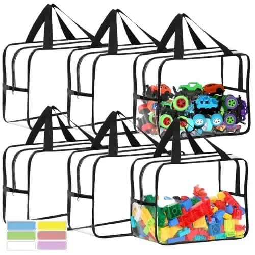 6 Packs Extra Large Toy Storage Bags 12.6×9.25×6.9In with Labels, Reusable Clear PVC Board Game Storage, Travel Waterproof Organizer Bags with Zipper for Building Blocks, Puzzle, Stuffed Animals - 1