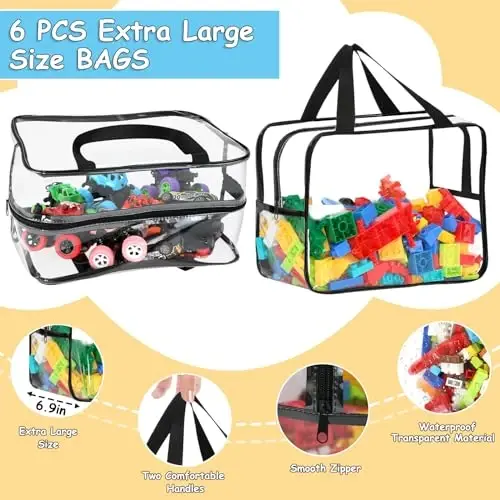 6 Packs Extra Large Toy Storage Bags 12.6×9.25×6.9In with Labels, Reusable Clear PVC Board Game Storage, Travel Waterproof Organizer Bags with Zipper for Building Blocks, Puzzle, Stuffed Animals - 3