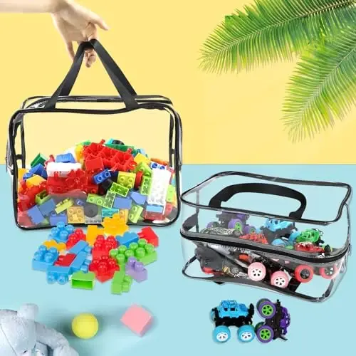 6 Packs Extra Large Toy Storage Bags 12.6×9.25×6.9In with Labels, Reusable Clear PVC Board Game Storage, Travel Waterproof Organizer Bags with Zipper for Building Blocks, Puzzle, Stuffed Animals - 6