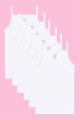 Beyaz 6'lı Paket Kız Çocuk Atlet İp Askılı Beyaz %100 Pamuklu Ribana - 1