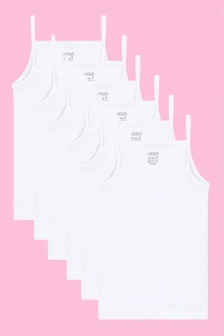 Beyaz 6'lı Paket Kız Çocuk Atlet İp Askılı Beyaz %100 Pamuklu Ribana - 1