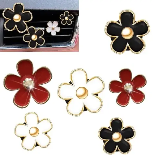 6 Pack Colorful Daisy Flower Car Air Vent Clips Car Air Outlet Freshener Clip for Car Interior Decoration Accessories (Black, White, Red) - 6