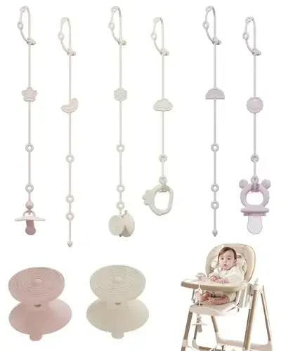 6 Pack Silicone Baby Toy Straps with 2 pcs Suction Cup Bases, Silicone Pacifier Holder, Toy Strap,Adjustable Toy Holder for Stroller Accessories, Car Seat, Highchair,Crib (B) - 1