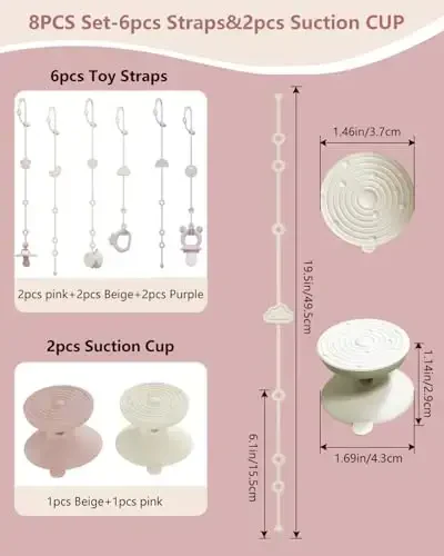 6 Pack Silicone Baby Toy Straps with 2 pcs Suction Cup Bases, Silicone Pacifier Holder, Toy Strap,Adjustable Toy Holder for Stroller Accessories, Car Seat, Highchair,Crib (B) - 2