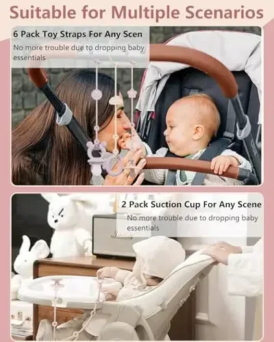 6 Pack Silicone Baby Toy Straps with 2 pcs Suction Cup Bases, Silicone Pacifier Holder, Toy Strap,Adjustable Toy Holder for Stroller Accessories, Car Seat, Highchair,Crib (B) - 7