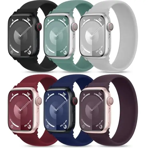 6 Pack Silicone Solo Loop Bands Compatible with Watch Band 40mm 38mm 41mm 44mm 45mm 46mm 42mm 49mm, Soft Stretchy Strap Sport Replacement Wristband for iWatch Series 10 9 8 7 6 SE 5 Ultra 4 3 2 1 - 1
