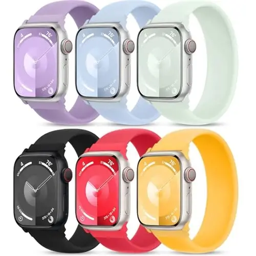 6 Pack Silicone Solo Loop Bands Compatible with Watch Band 40mm 38mm 41mm 44mm 45mm 46mm 42mm 49mm, Soft Stretchy Strap Sport Replacement Wristband for iWatch Series 10 9 8 7 6 SE 5 Ultra 4 3 2 1 - 1