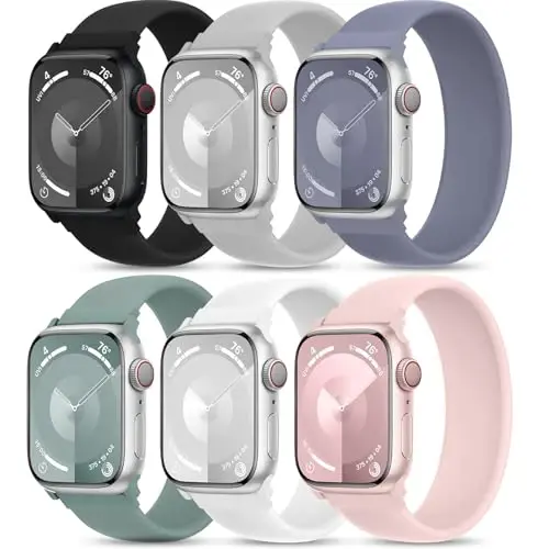 6 Pack Silicone Solo Loop Bands Compatible with Watch Band 40mm 38mm 41mm 44mm 45mm 46mm 42mm 49mm, Soft Stretchy Strap Sport Replacement Wristband for iWatch Series 10 9 8 7 6 SE 5 Ultra 4 3 2 1 